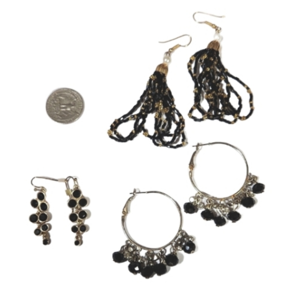Black Beaded vintage dangles 80s gold and silver toned